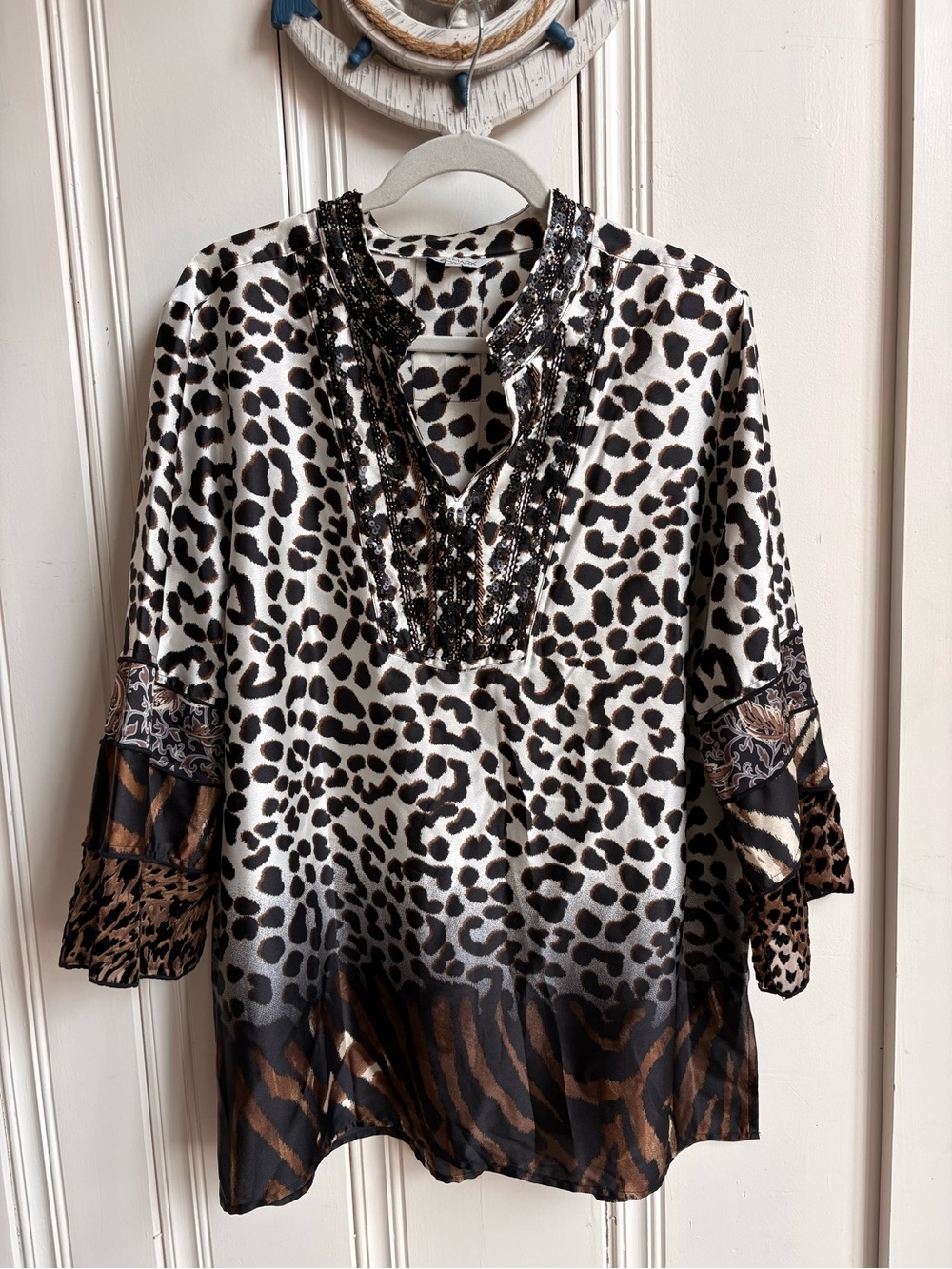 John Mark Black White Brown Mixed-Animal V-Neck Tunic XL
